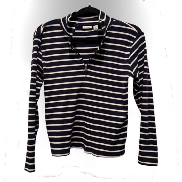 LL Bean Striped Quarter Zip Pullover Womens S Coastal Fisherman Nautical Preppy - Picture 1 of 6